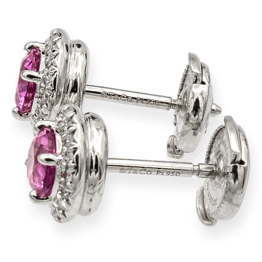 Tiffany & Co. Platinum Soleste Halo Round Pink Sapphire Diamond Stud Earrings