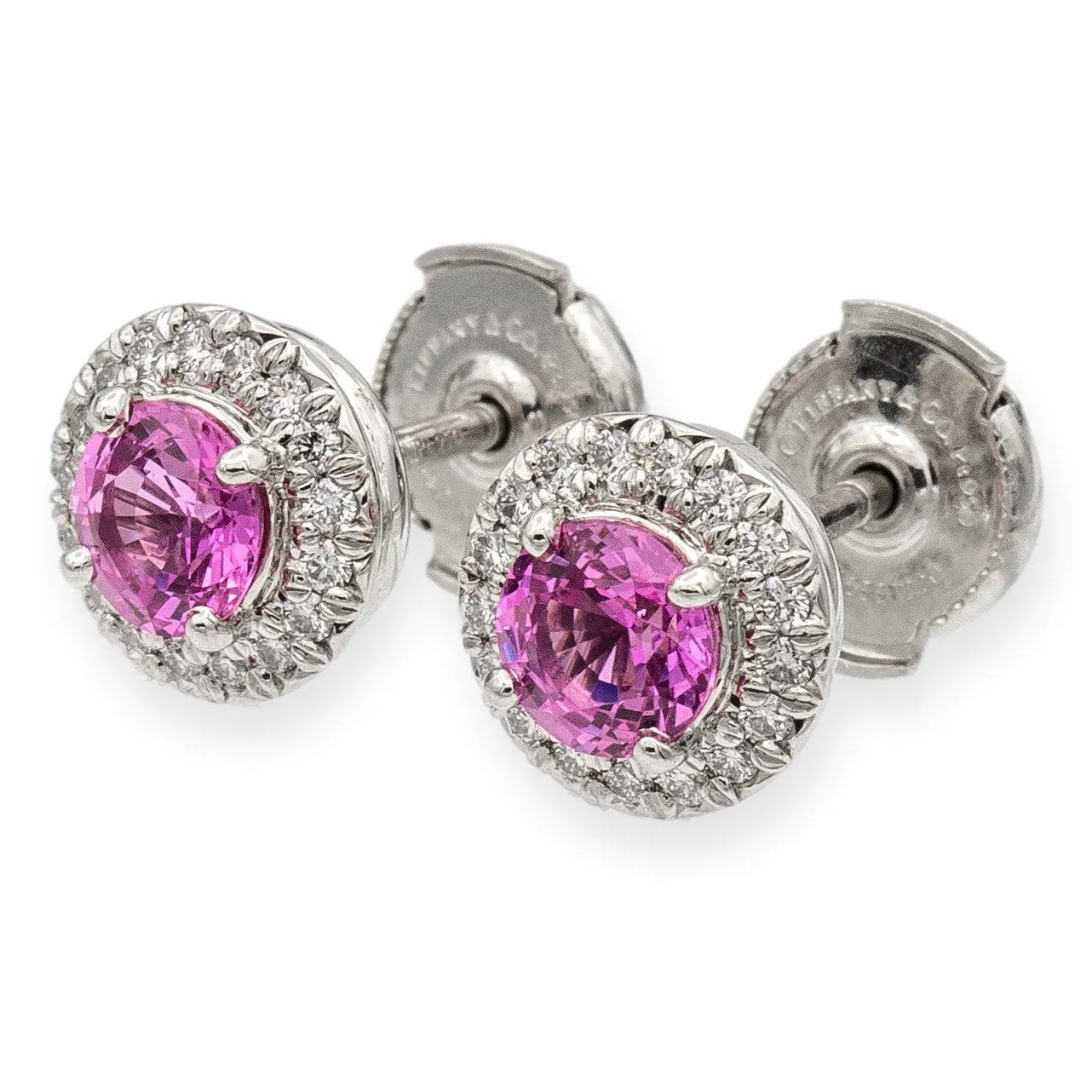 Tiffany & Co. Platinum Soleste Halo Round Pink Sapphire Diamond Stud Earrings