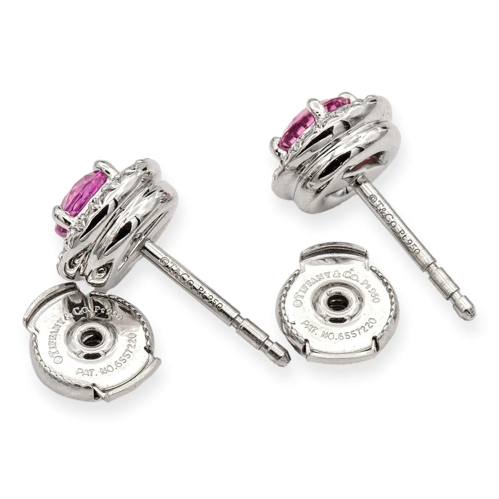 Tiffany & Co. Platinum Soleste Halo Round Pink Sapphire Diamond Stud Earrings