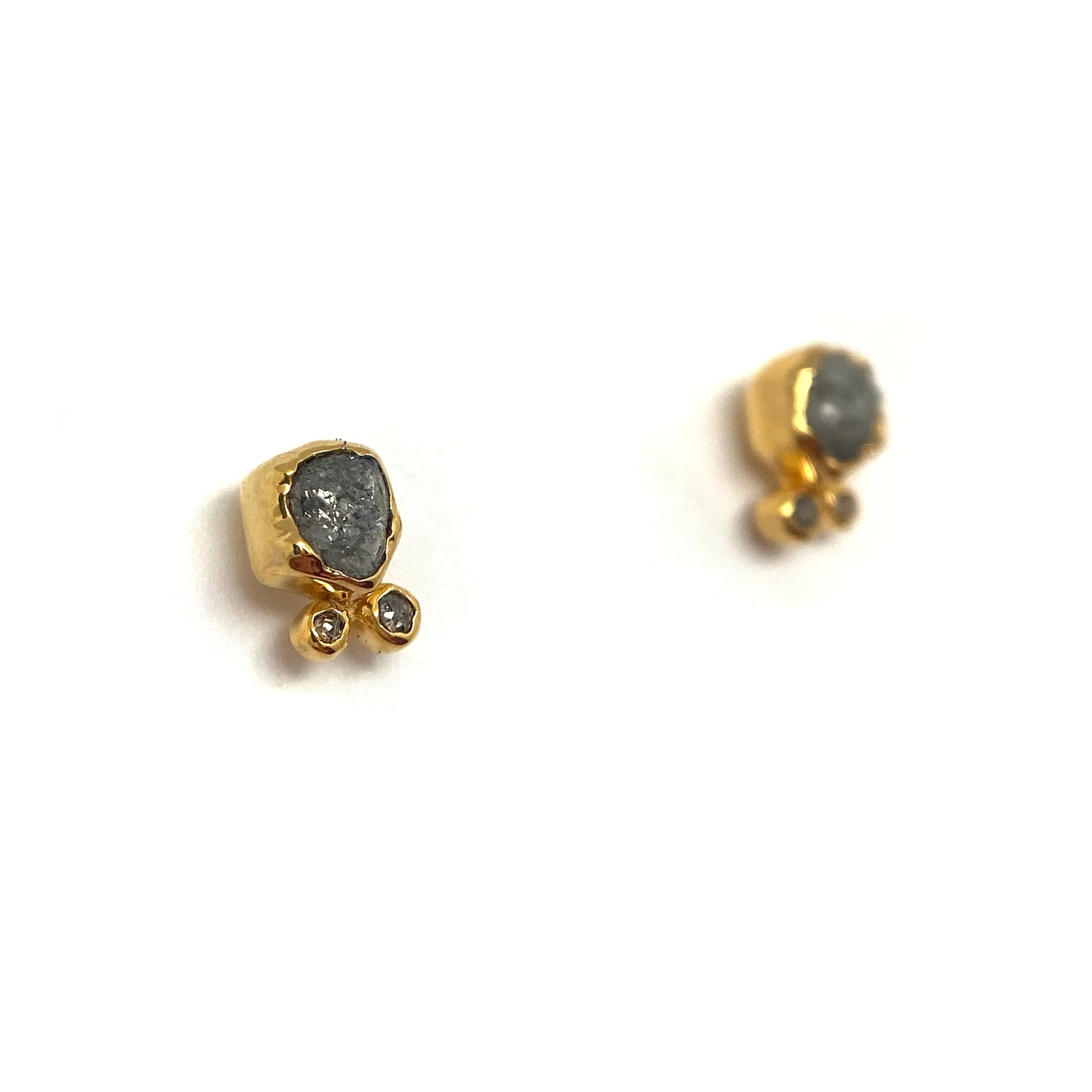Triple Diamond and Gold Stud Earrings