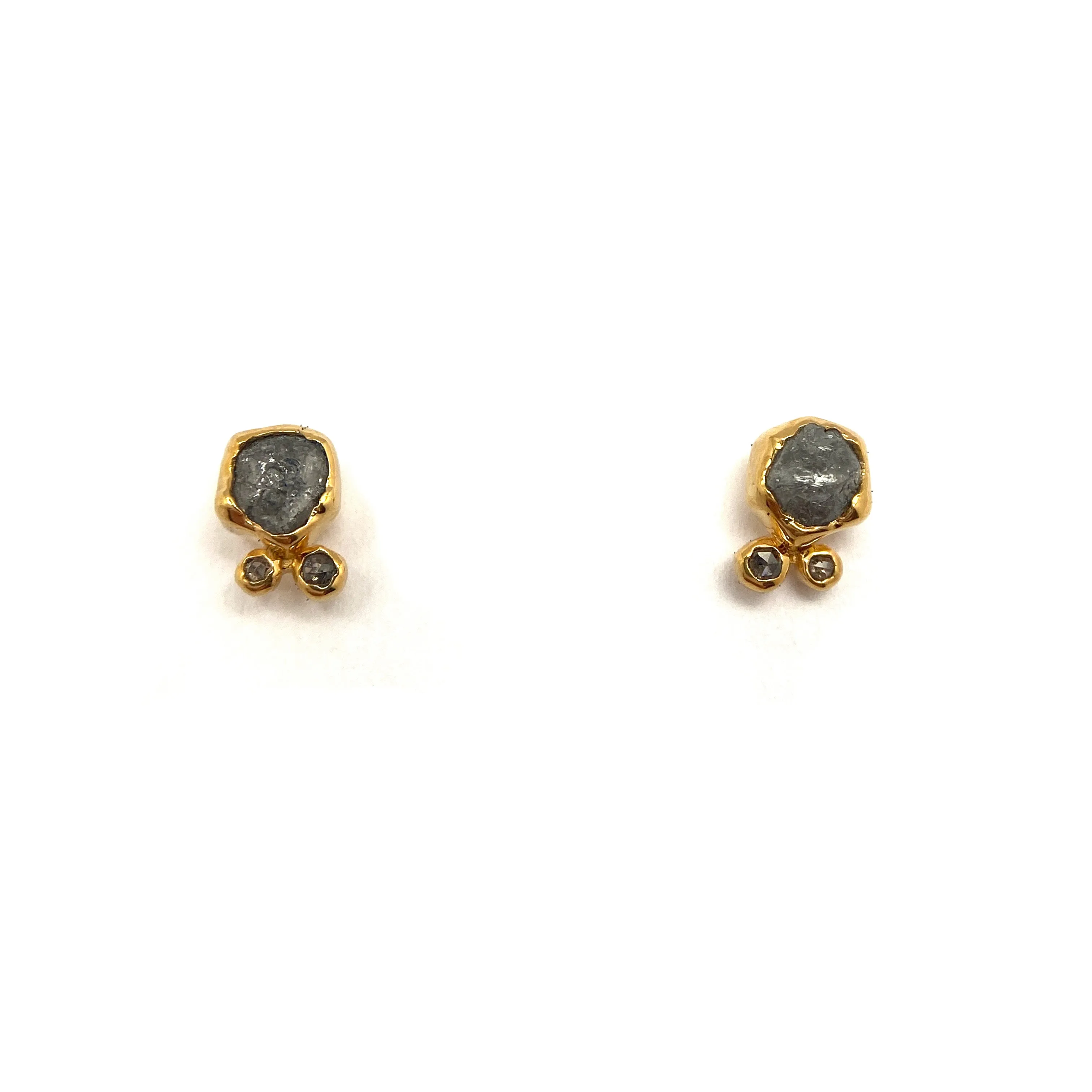 Triple Diamond and Gold Stud Earrings