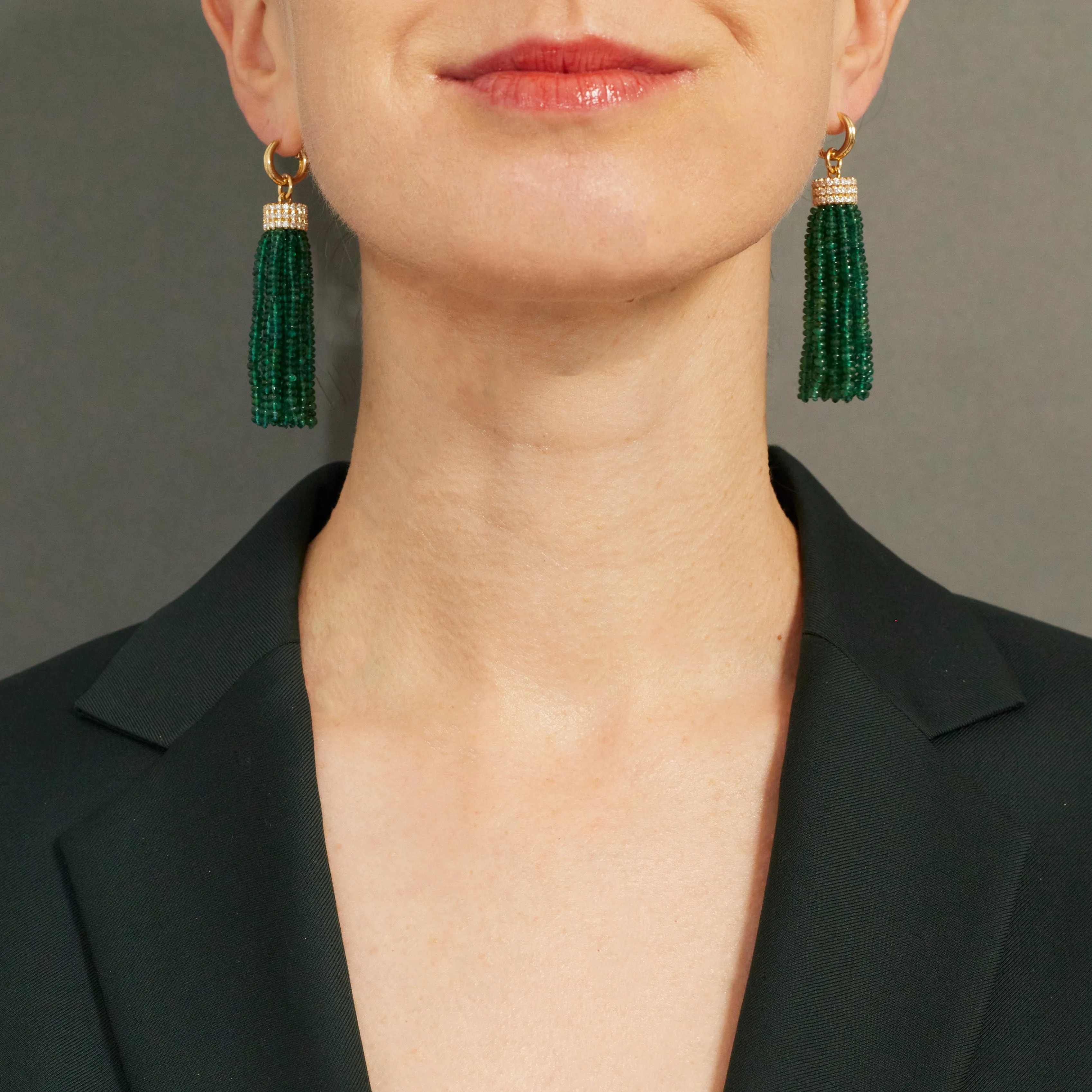 Triple Diamond Tassel Emerald Rondelles Earrings with Double Huggies, 18K Yellow Gold