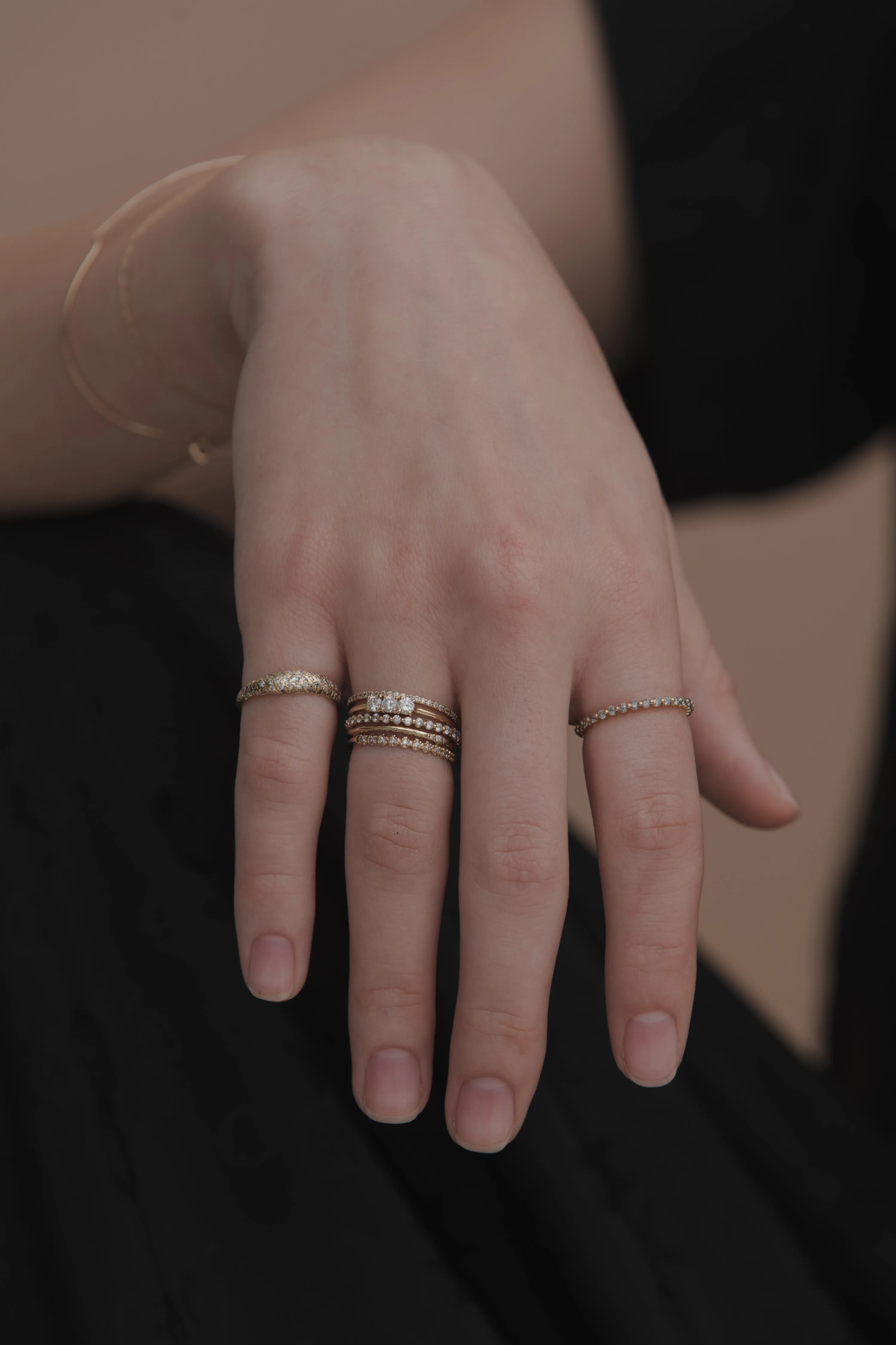 triple white diamond ring- 14k rose gold-  size 5.5