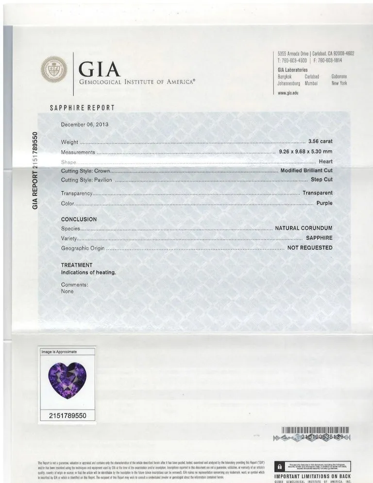 Unheated 3.56 Carat Fancy Purple Sapphire Heart, Bezel Set Pendant GIA Certified