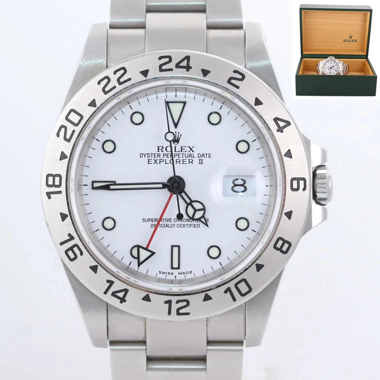Unpolished Rolex Explorer II 16570 Steel White Polar Date GMT 40mm SEL Watch