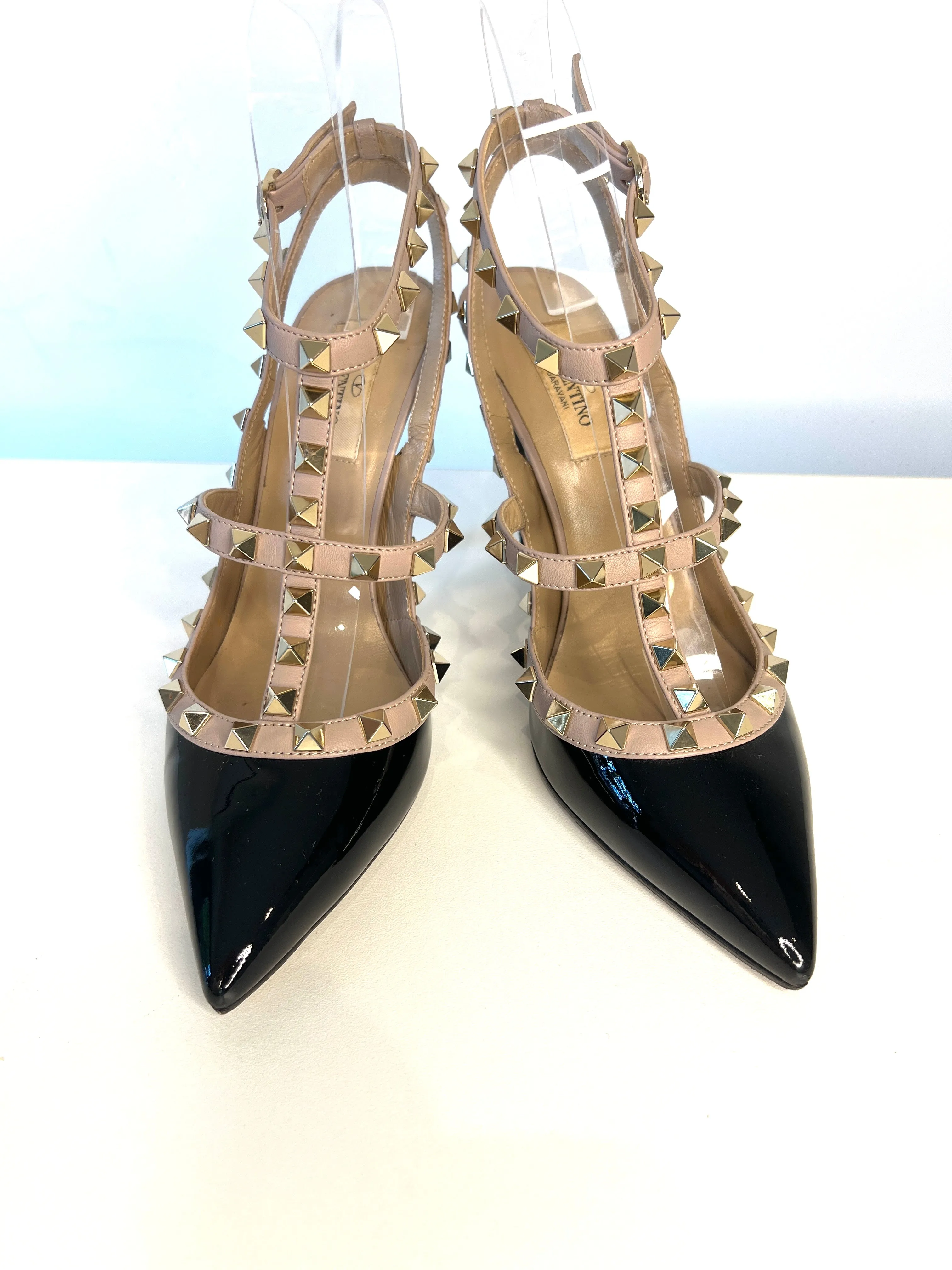 Valentino Garavani Rockstud 100 Caged Black Patent Leather Heels Sandals 37.5 UK4.5 Preloved