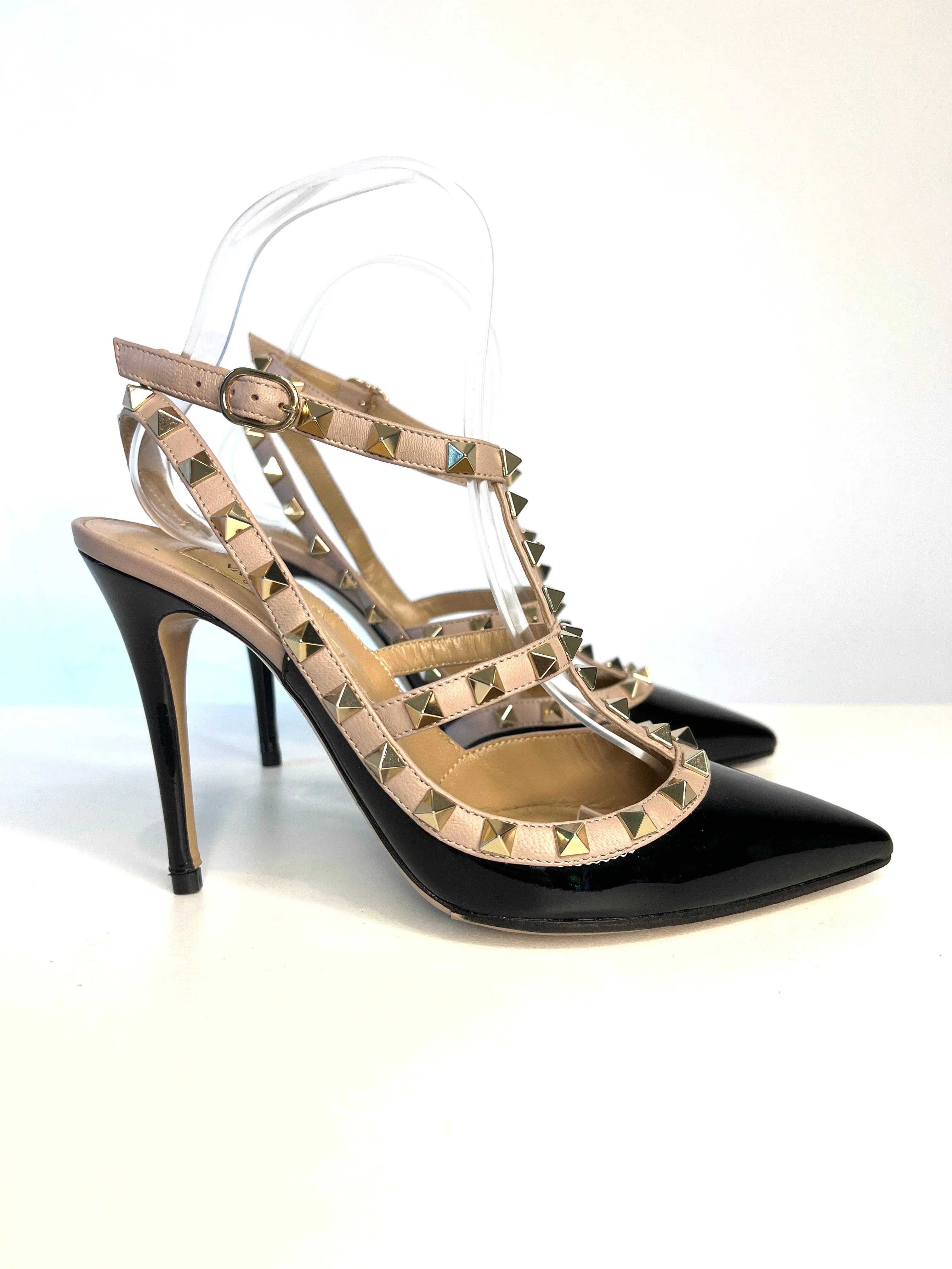 Valentino Garavani Rockstud 100 Caged Black Patent Leather Heels Sandals 37.5 UK4.5 Preloved