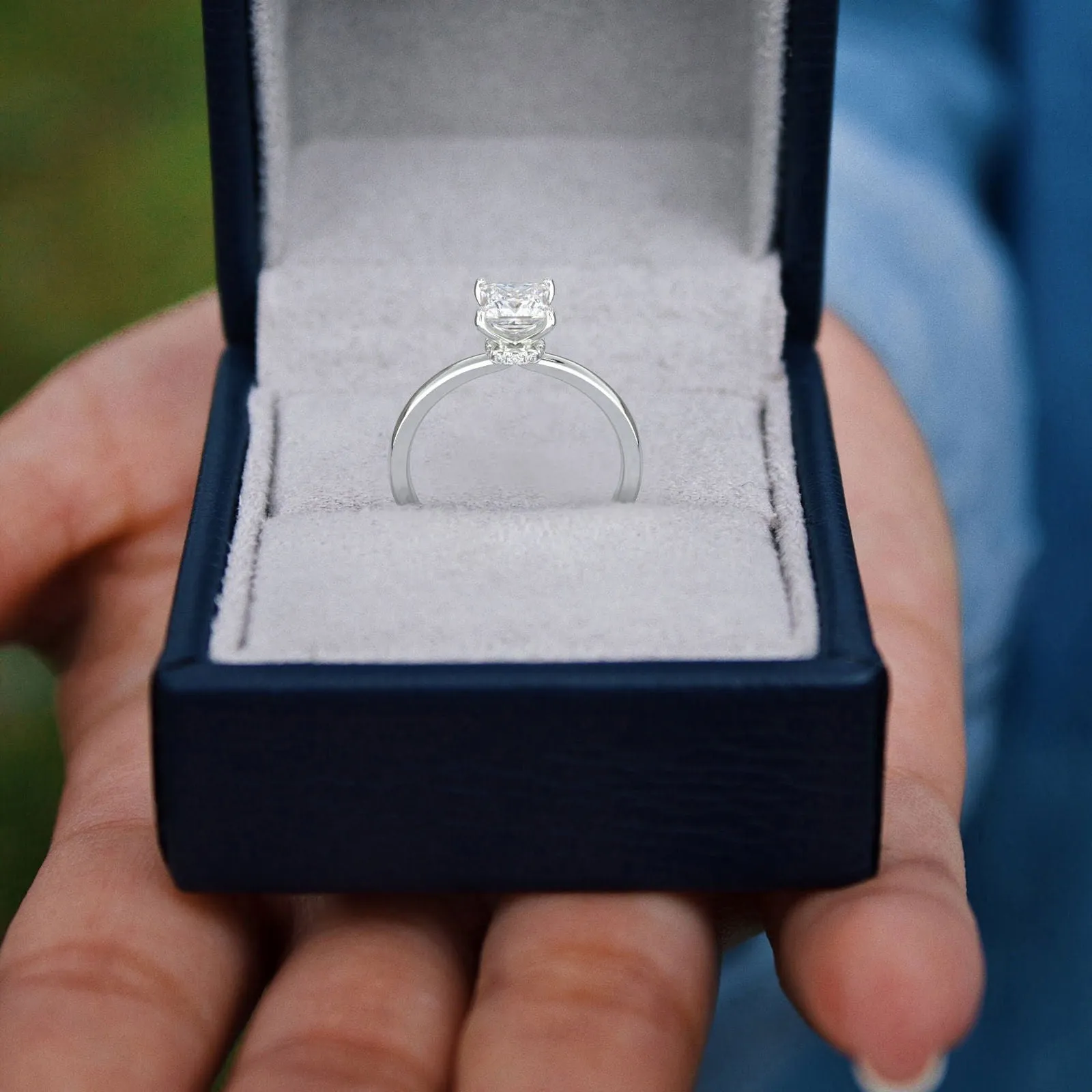 Valeria Princess Cut Hidden Halo Solitaire 4 Prong Claw Set Engagement Ring Setting