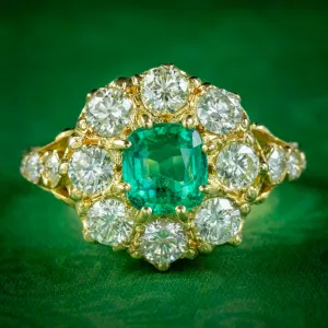 Victorian Style Emerald Diamond Cluster Ring 18Ct Gold