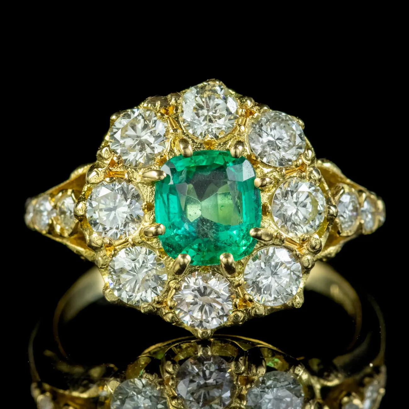 Victorian Style Emerald Diamond Cluster Ring 18Ct Gold