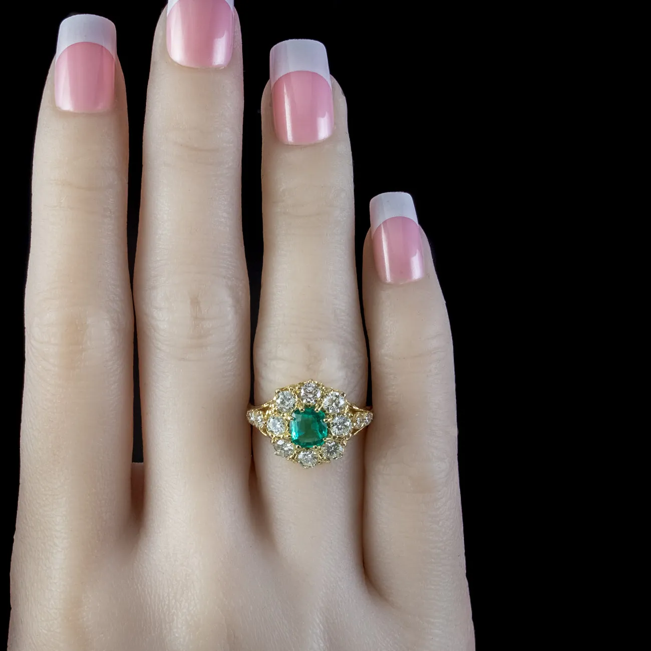 Victorian Style Emerald Diamond Cluster Ring 18Ct Gold