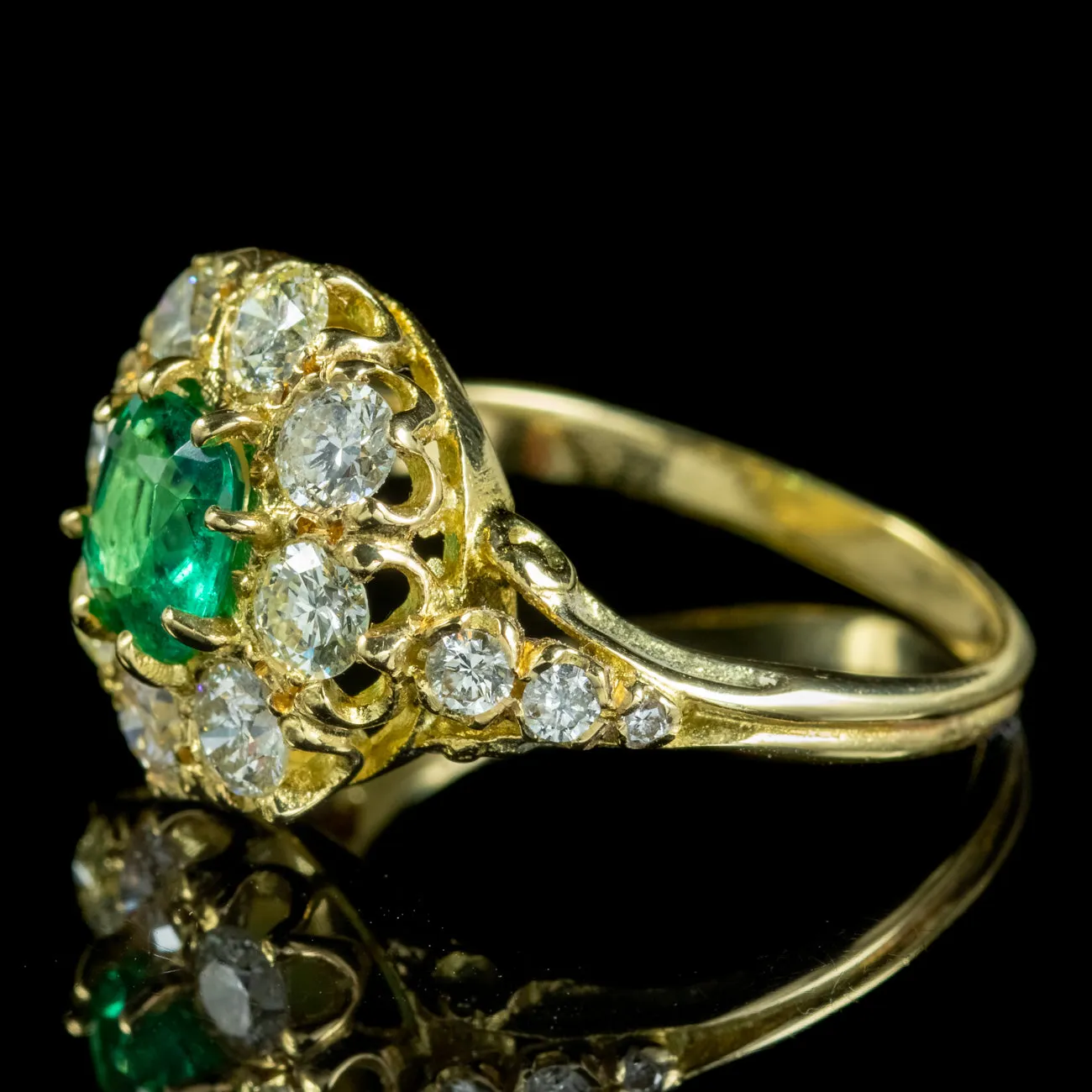 Victorian Style Emerald Diamond Cluster Ring 18Ct Gold