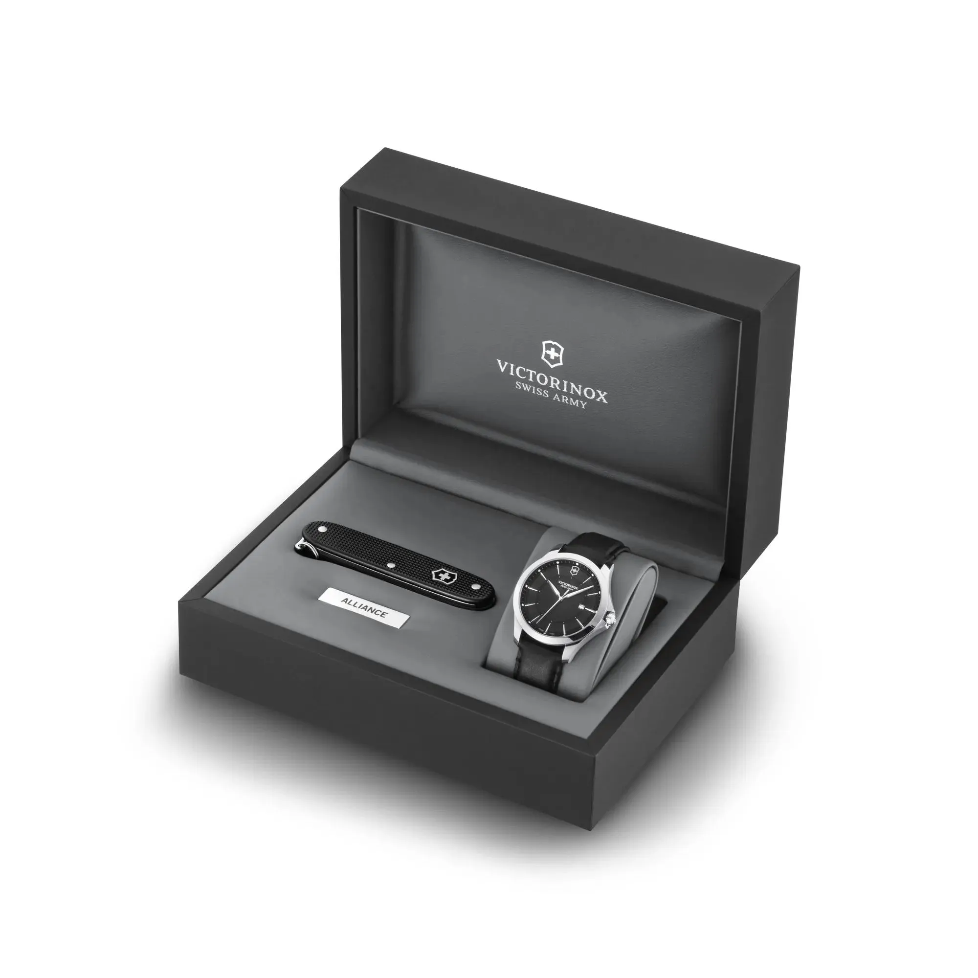 Victorinox Alliance 40 Black Dial Black Leather Strap Men's Watch With Swiss Army Knife Set
