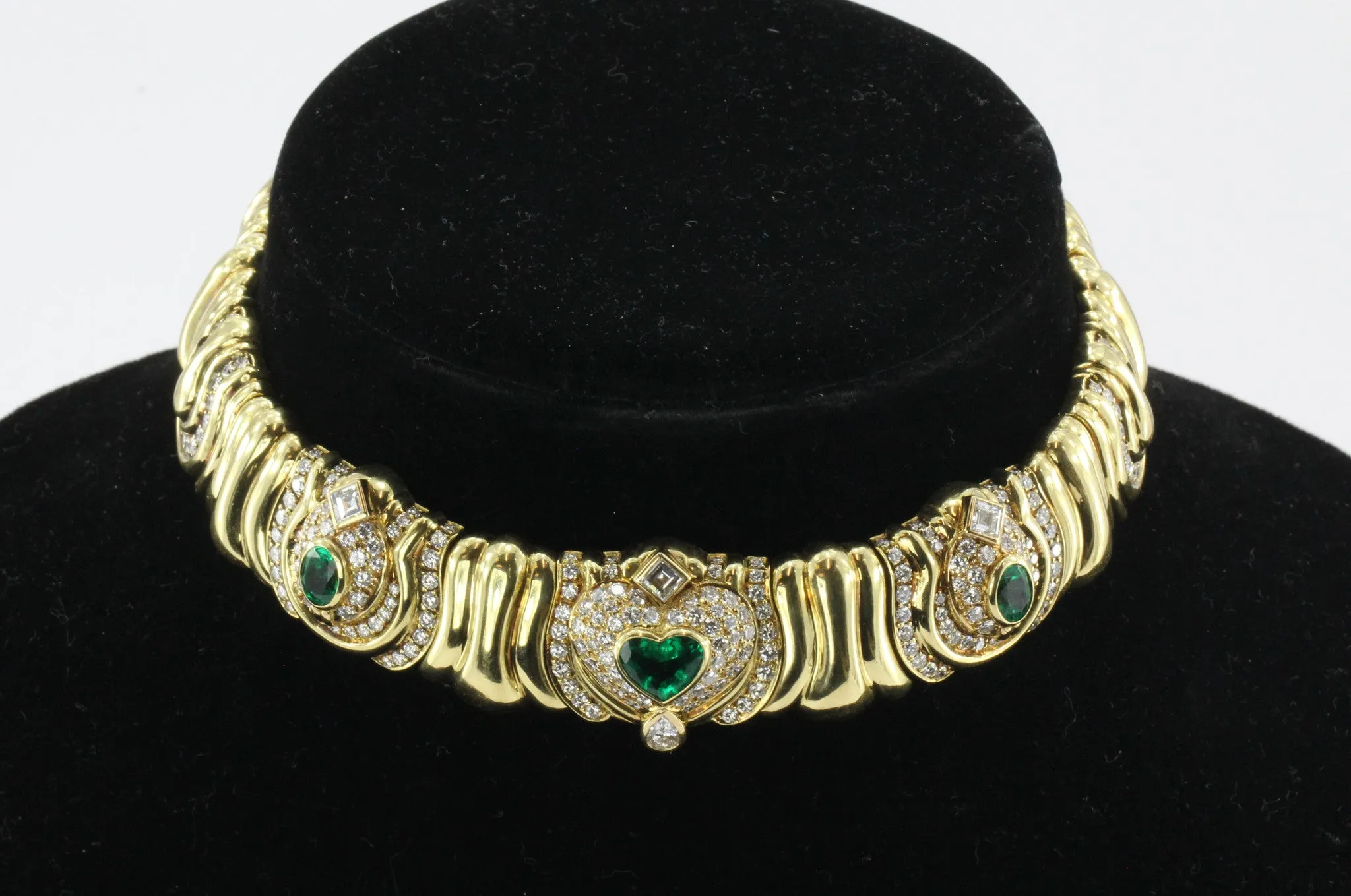 Vintage 18K Gold Emerald 4 CTW & Diamond 6.6 CTW Chunky Italian Collar Necklace