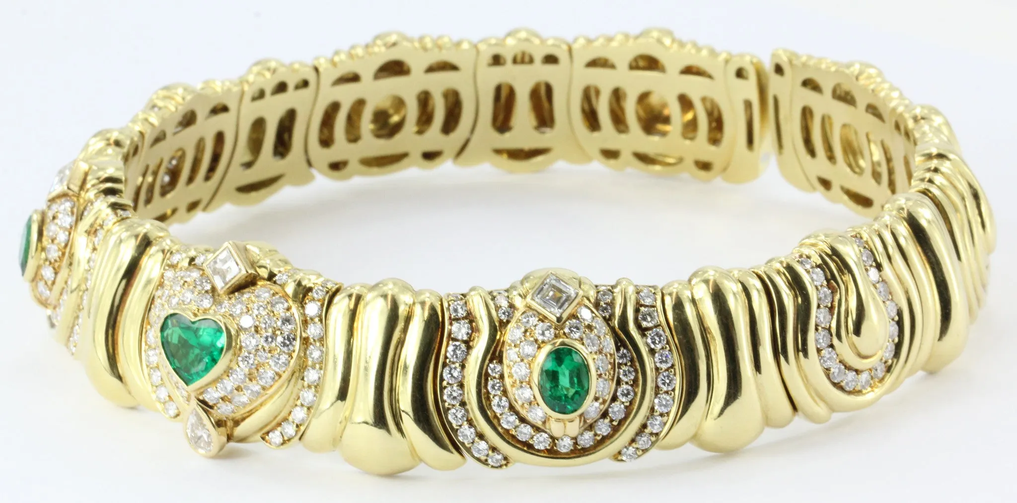 Vintage 18K Gold Emerald 4 CTW & Diamond 6.6 CTW Chunky Italian Collar Necklace