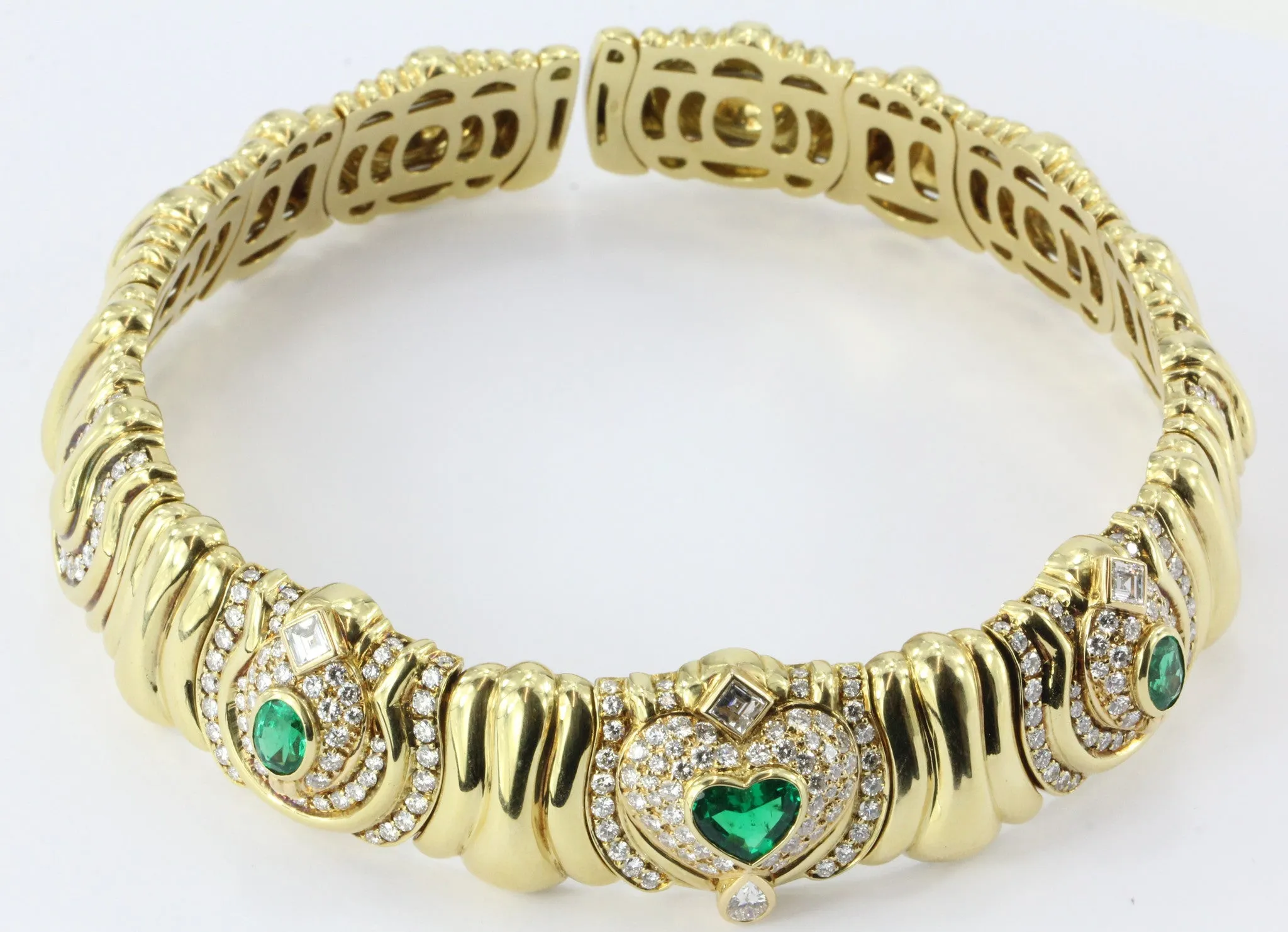 Vintage 18K Gold Emerald 4 CTW & Diamond 6.6 CTW Chunky Italian Collar Necklace
