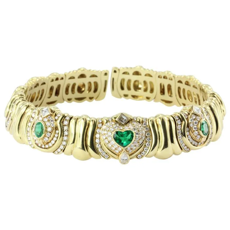 Vintage 18K Gold Emerald 4 CTW & Diamond 6.6 CTW Chunky Italian Collar Necklace