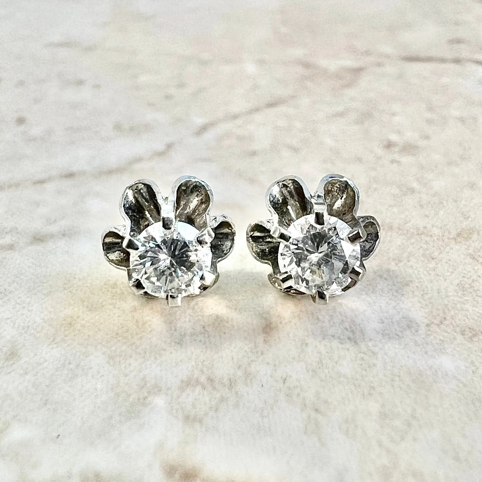 Vintage 1950’s 14 Karat White Gold 0.60 Carat Round Diamond Stud Earrings
