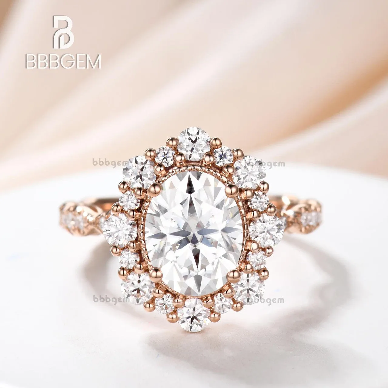 Vintage 2CT Oval Cut Moissanite Halo Engagement Ring Solid White Gold