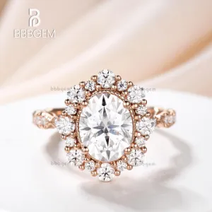 Vintage 2CT Oval Cut Moissanite Halo Engagement Ring Solid White Gold