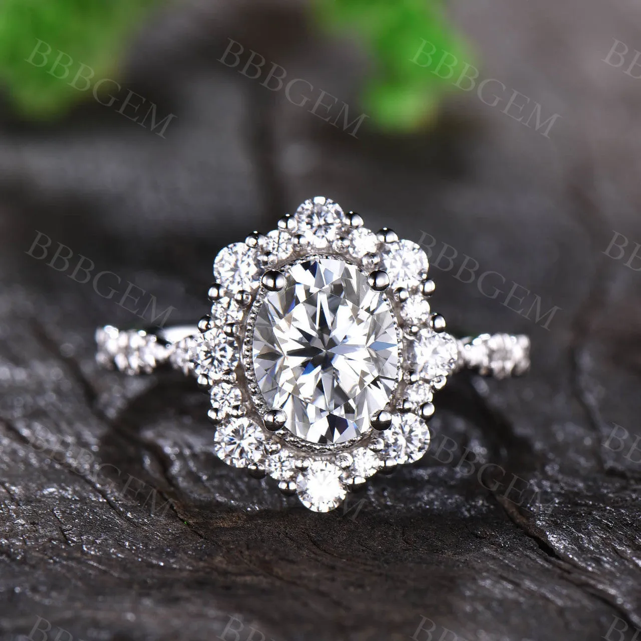 Vintage 2CT Oval Cut Moissanite Halo Engagement Ring Solid White Gold