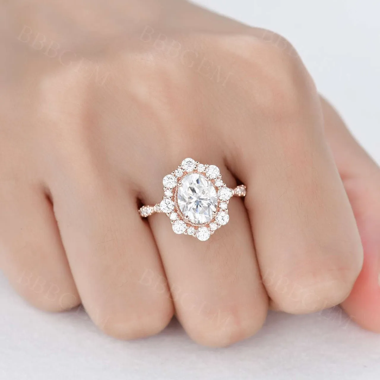Vintage 2CT Oval Cut Moissanite Halo Engagement Ring Solid White Gold