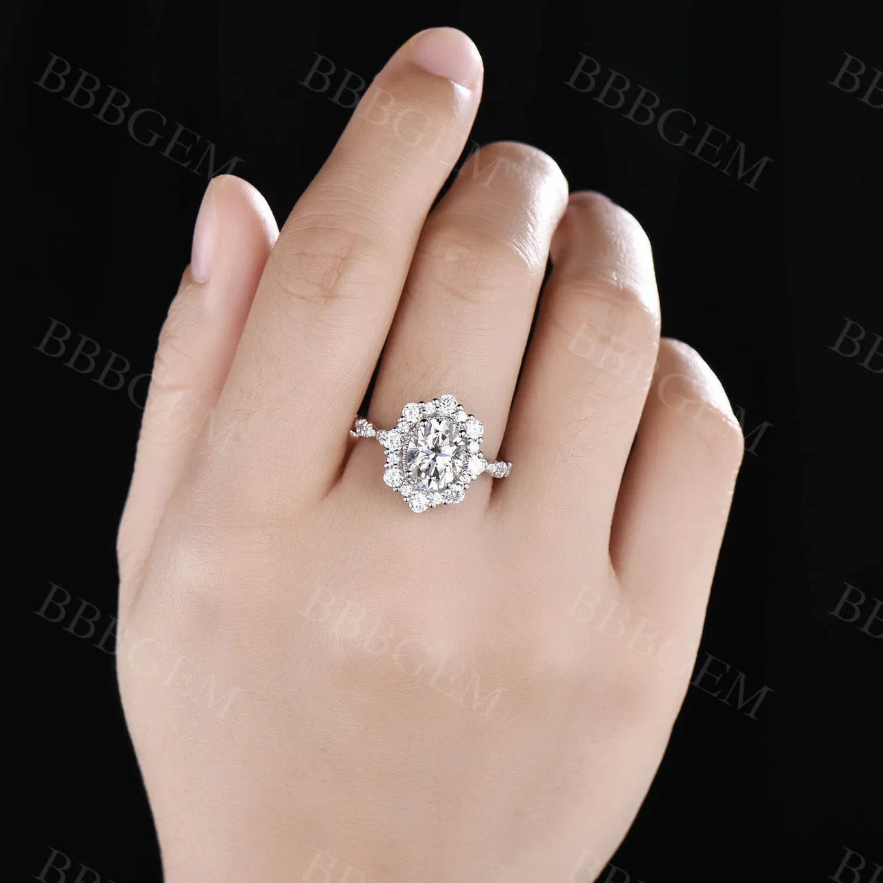 Vintage 2CT Oval Cut Moissanite Halo Engagement Ring Solid White Gold