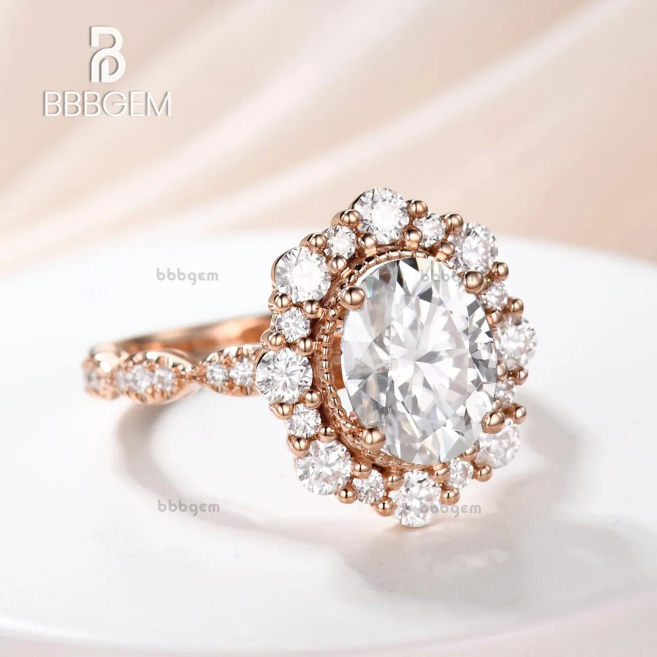 Vintage 2CT Oval Cut Moissanite Halo Engagement Ring Solid White Gold