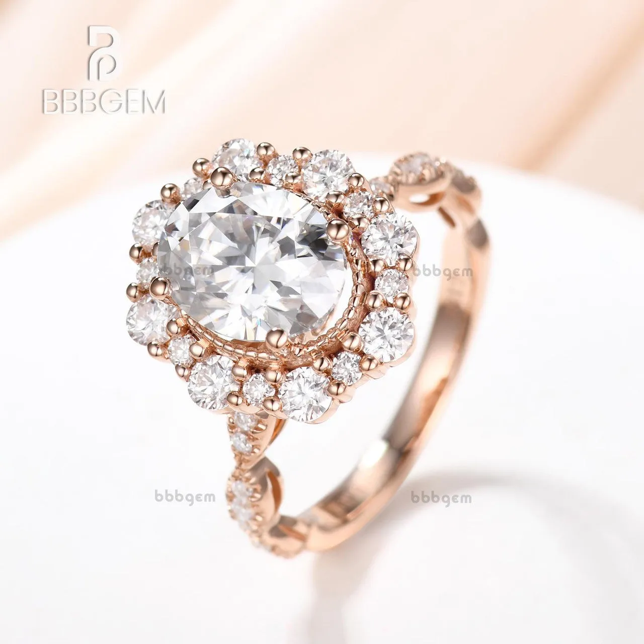 Vintage 2CT Oval Cut Moissanite Halo Engagement Ring Solid White Gold
