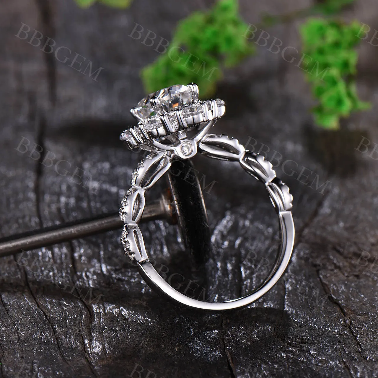 Vintage 2CT Oval Cut Moissanite Halo Engagement Ring Solid White Gold