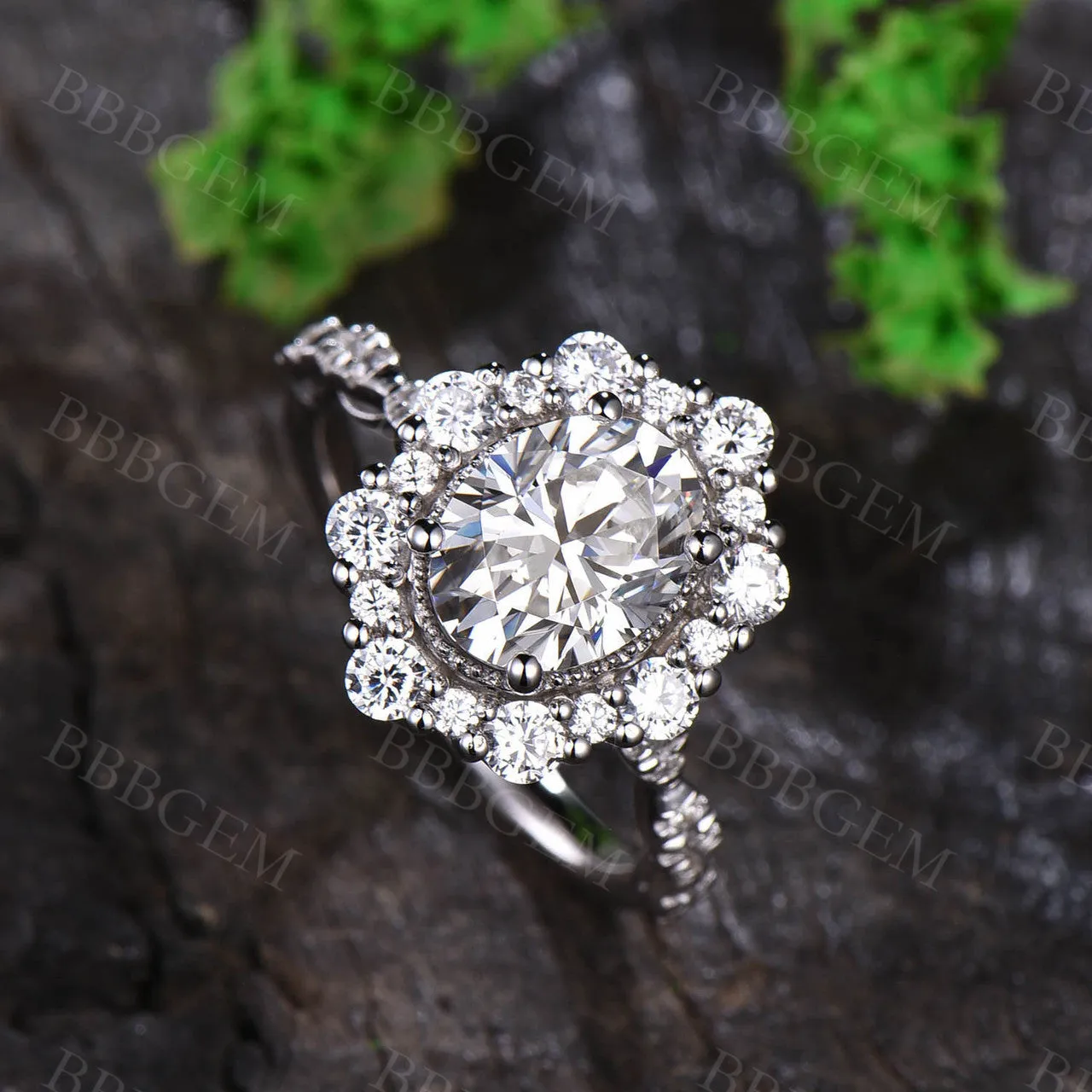 Vintage 2CT Oval Cut Moissanite Halo Engagement Ring Solid White Gold