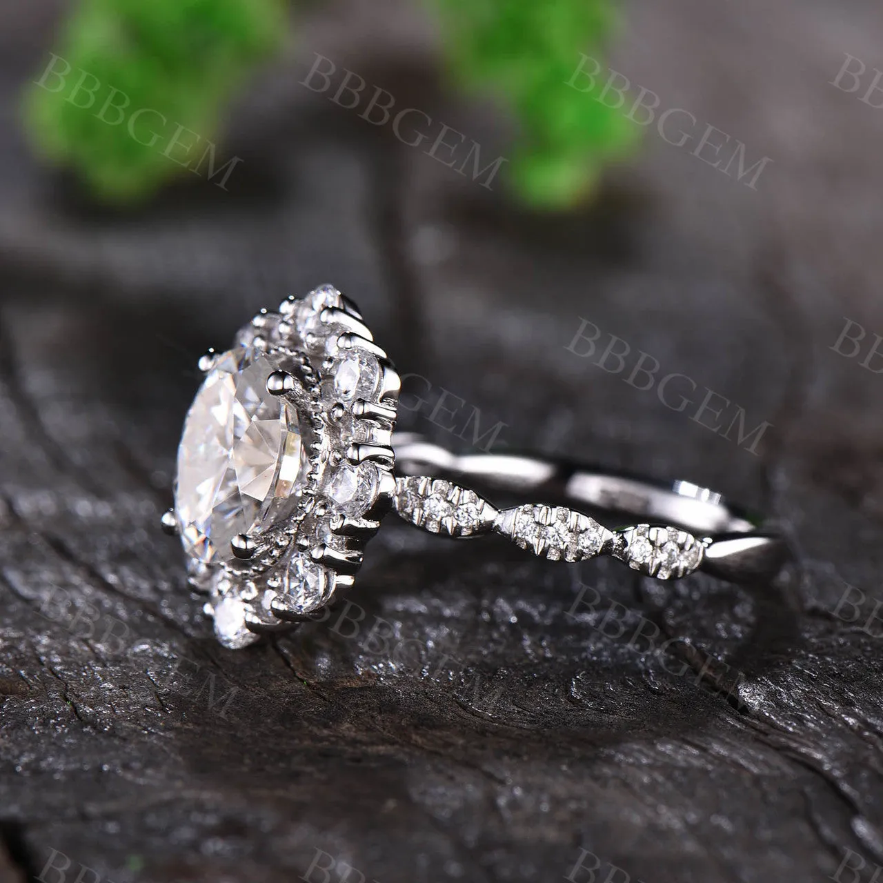 Vintage 2CT Oval Cut Moissanite Halo Engagement Ring Solid White Gold