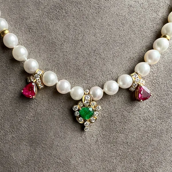 Vintage Pearl, Ruby, Emerald & Diamond Necklace