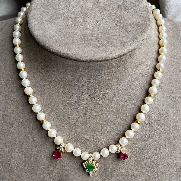 Vintage Pearl, Ruby, Emerald & Diamond Necklace