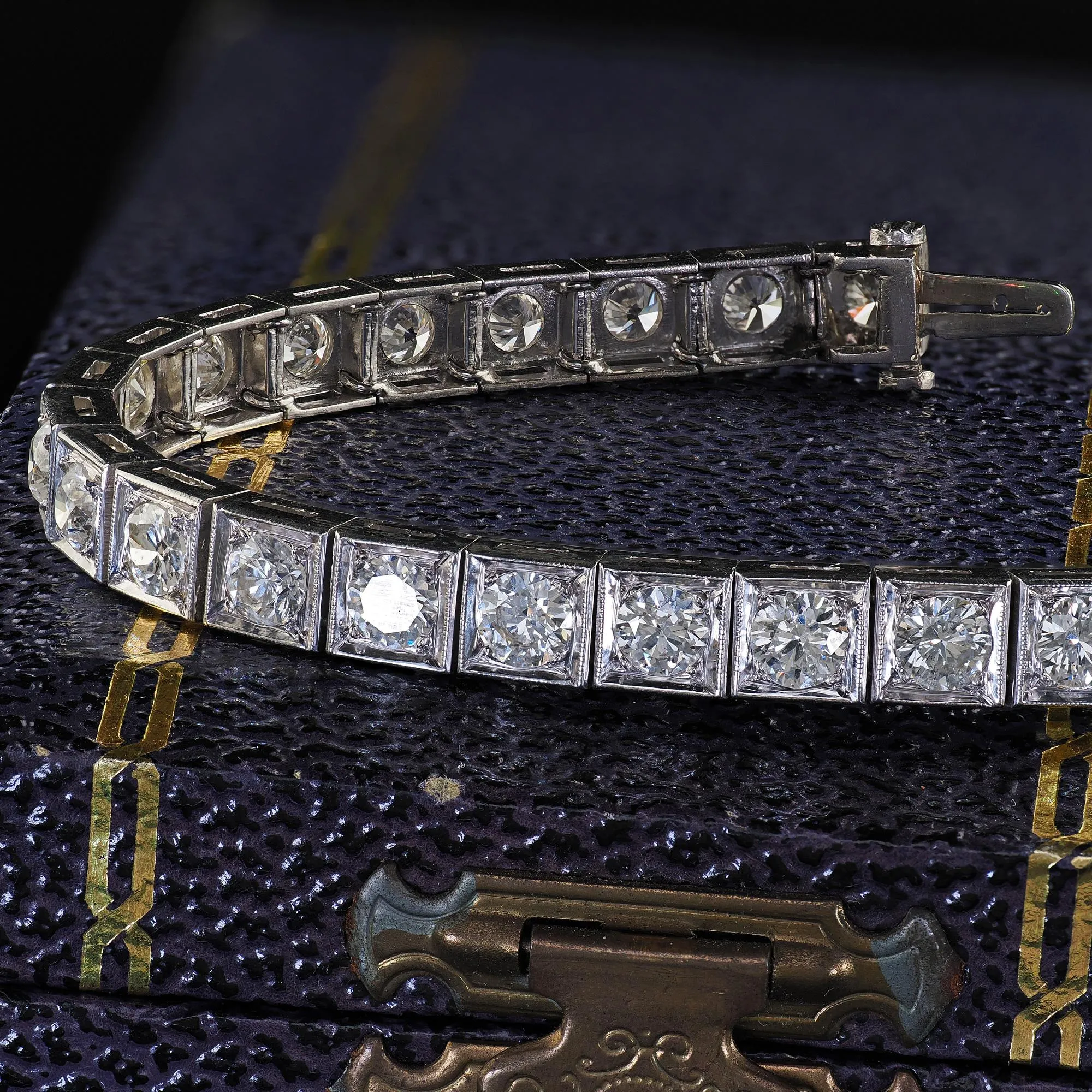 Vintage Retro Platinum Old Transitional Cut Diamond Tennis Bracelet