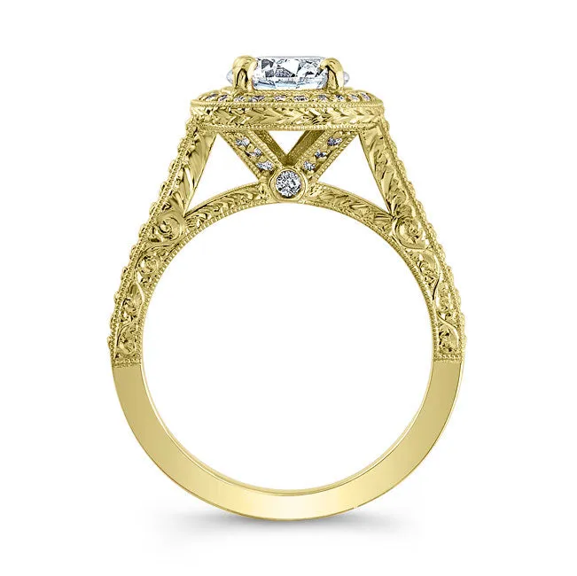 Vintage Style Engraved Halo Diamond Engagement Ring