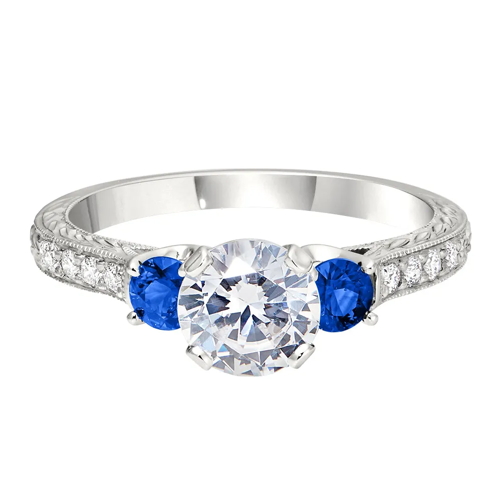 Vintage Style Hand Engraved Sappphire Engagement Rings