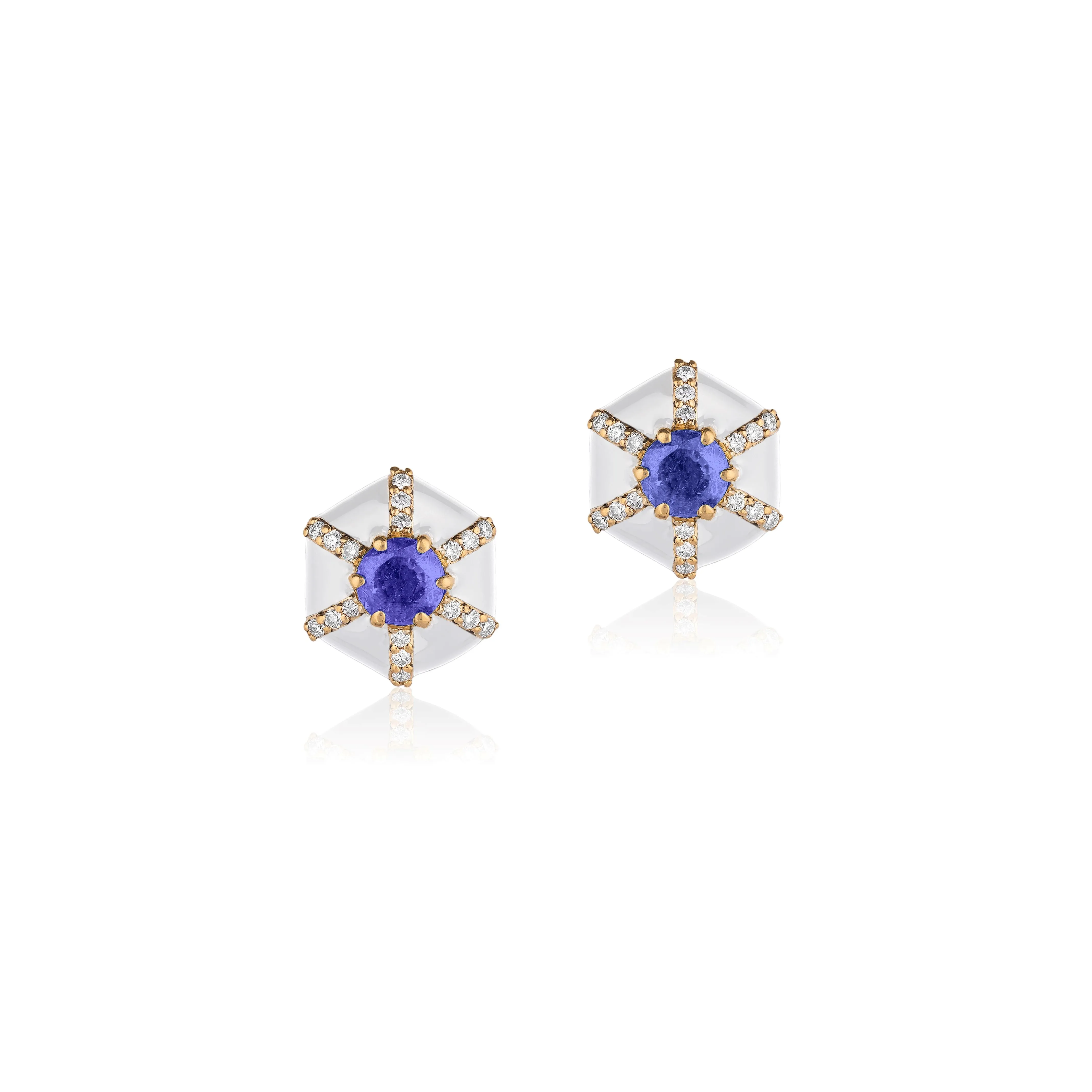 White Enamel and Tanzanite Hexagon "Queen" Studs