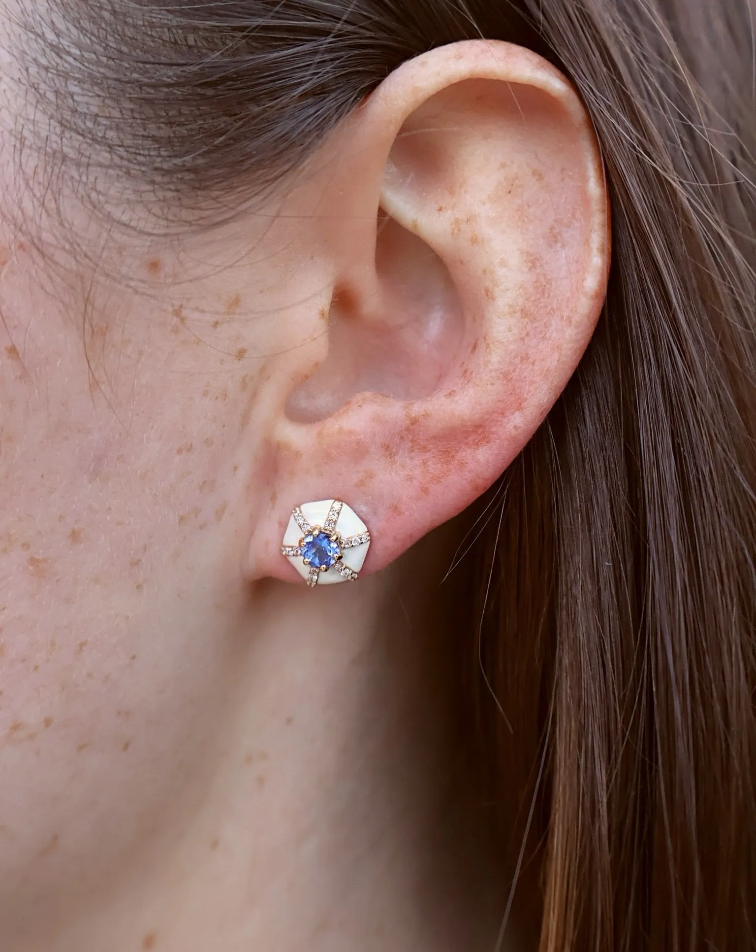 White Enamel and Tanzanite Hexagon "Queen" Studs