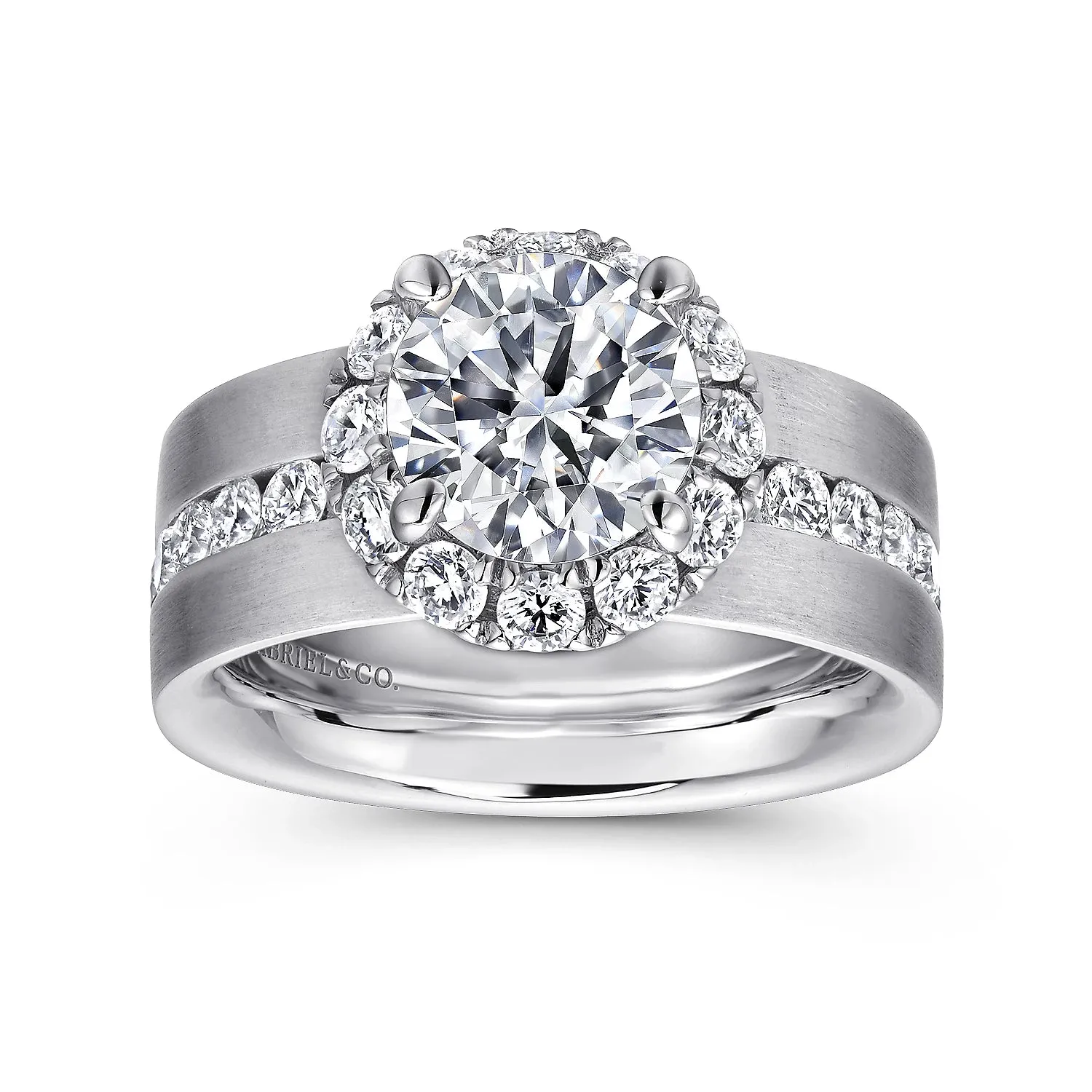 Wide Band Round Halo Diamond Engagement Ring Mounting