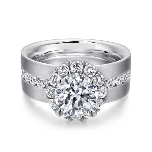 Wide Band Round Halo Diamond Engagement Ring Mounting