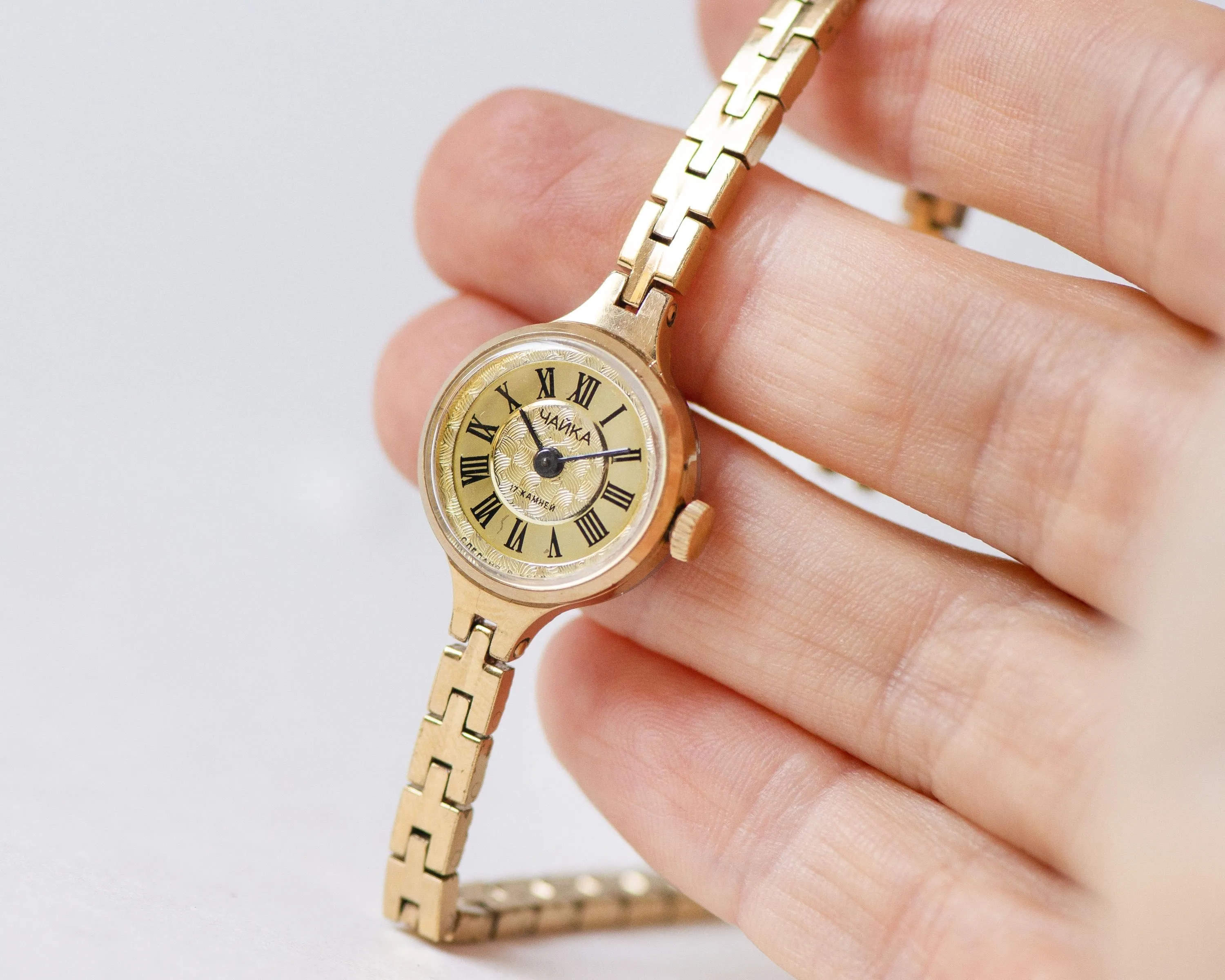 Women's Watch Cocktail Bracelet Vintage Seagull, Women's Wristwatch Gold Plated Watch Tiny Roman numerals, Delicate Womens Timepiece Gift