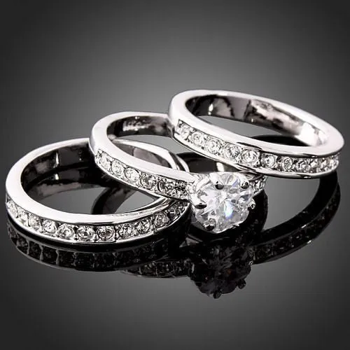 Women's White Gold Wedding Bands(2) & Engagement Ring - Thirsty Steal!