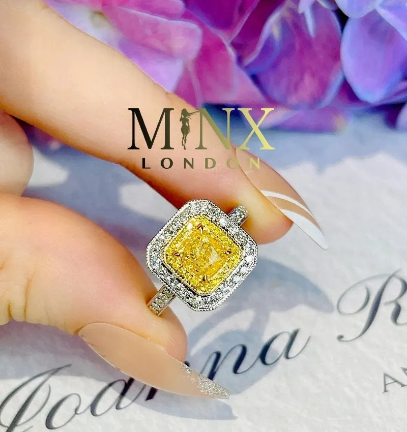 Yellow Diamond Ring | Yellow Diamond Engagement Rings | Canary Yellow Diamond Ring | Baguette Ring | Womens Engagement Ring | Halo Ring