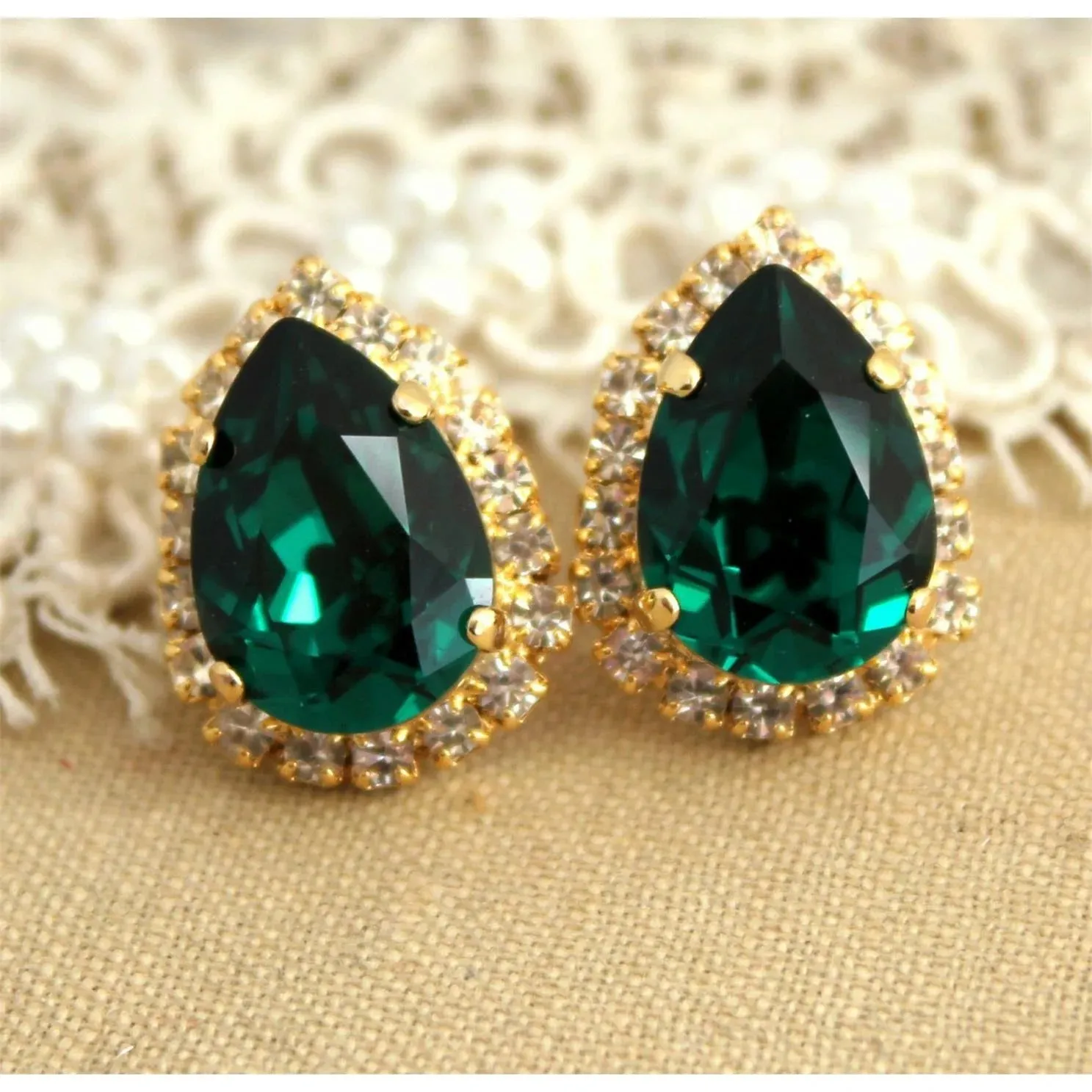 Yellow Gold Lady Green Emerald With Natural Earth Mined Diamond Studs Halo Ear Ring Fine Jewelry