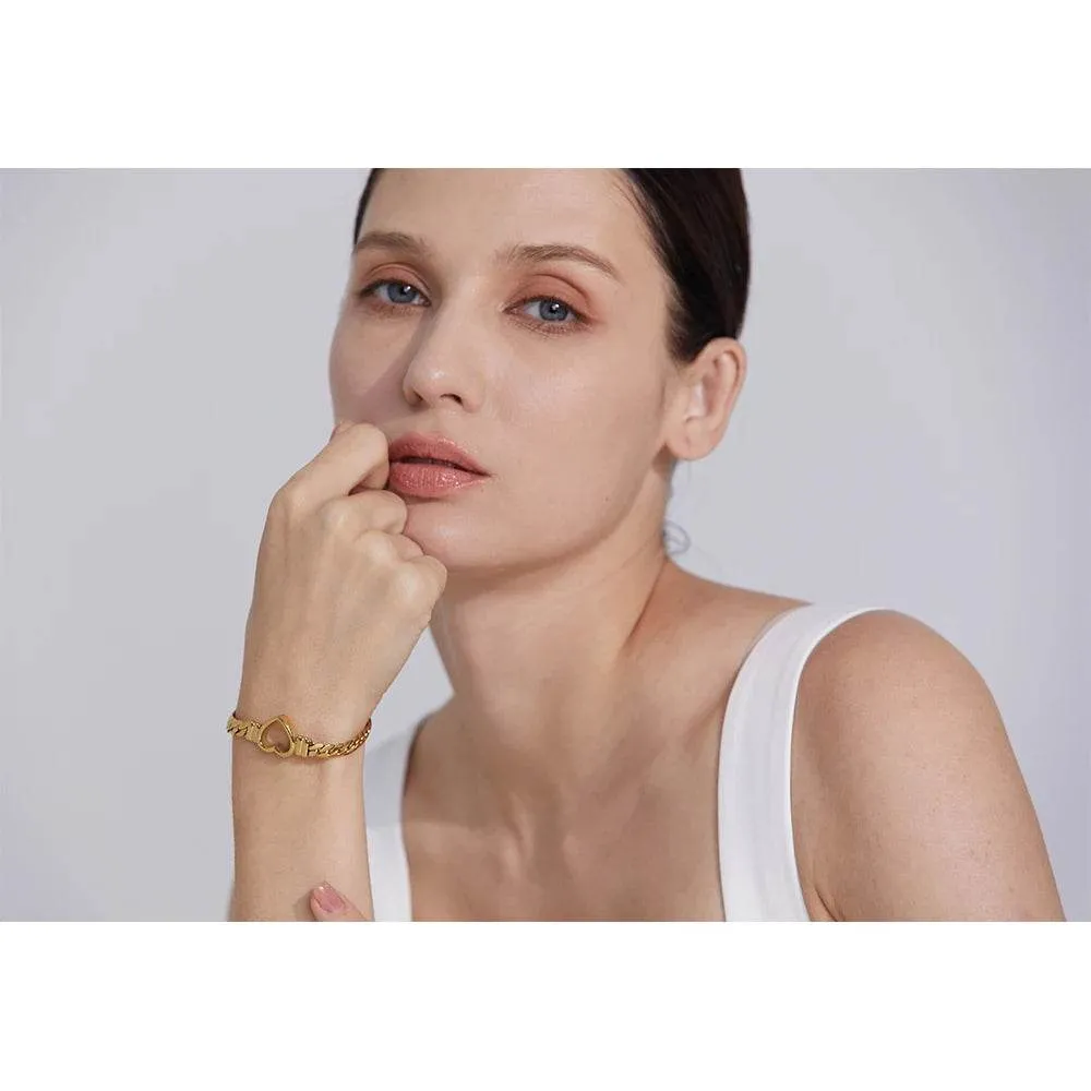 Yhpup (Wrist over 40mm fit this style) High Quality Love Heart Cuban Chain Stainless Steel Metal Bracelet Waterproof Jewelry