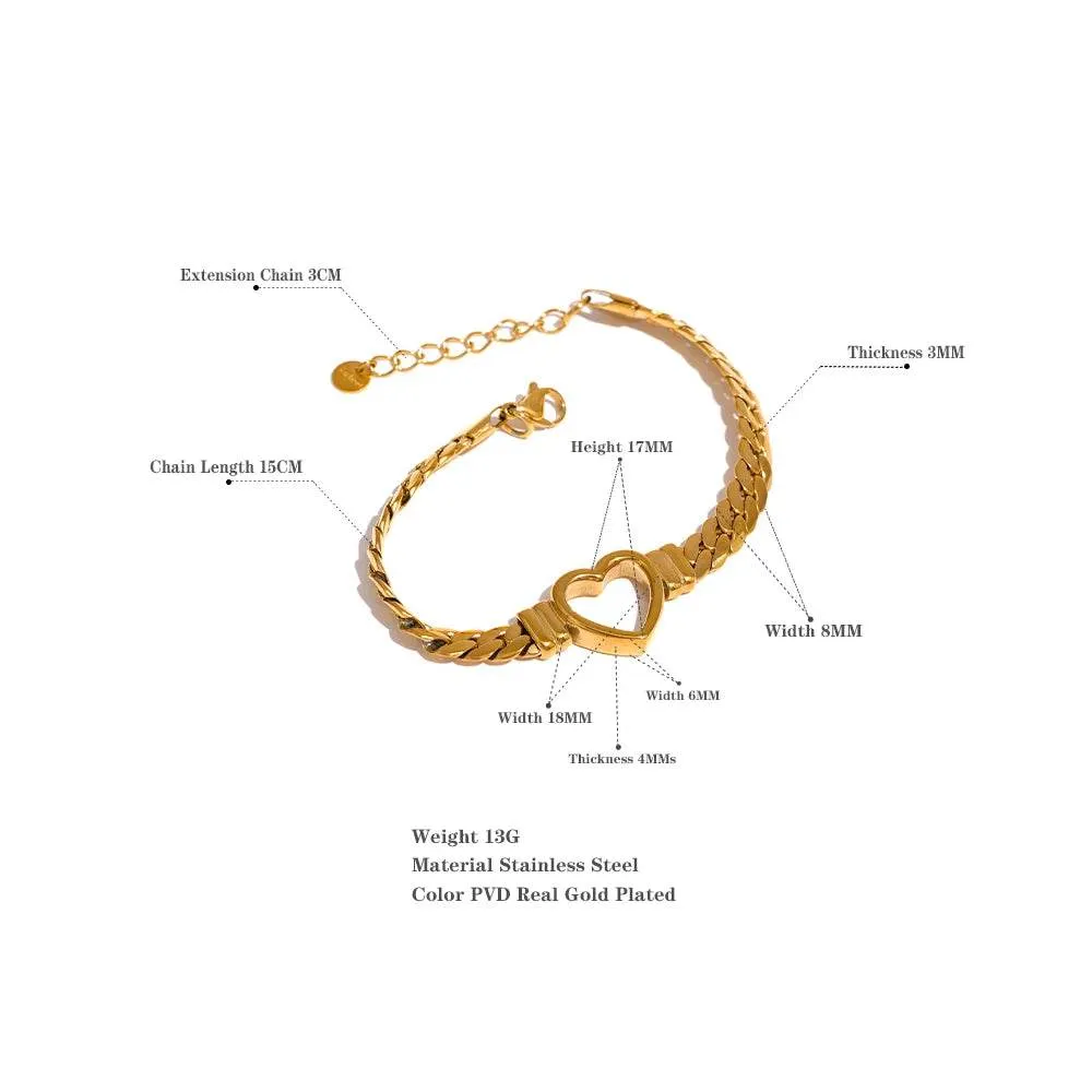 Yhpup (Wrist over 40mm fit this style) High Quality Love Heart Cuban Chain Stainless Steel Metal Bracelet Waterproof Jewelry