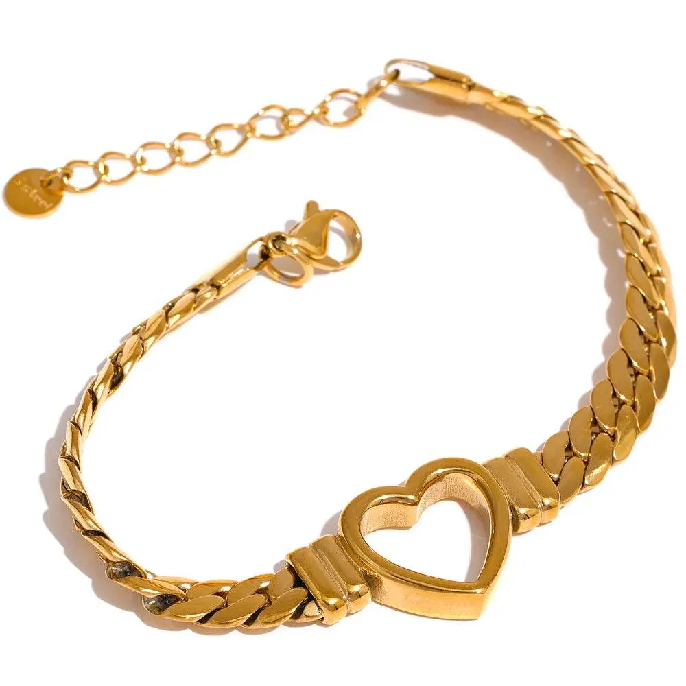 Yhpup (Wrist over 40mm fit this style) High Quality Love Heart Cuban Chain Stainless Steel Metal Bracelet Waterproof Jewelry