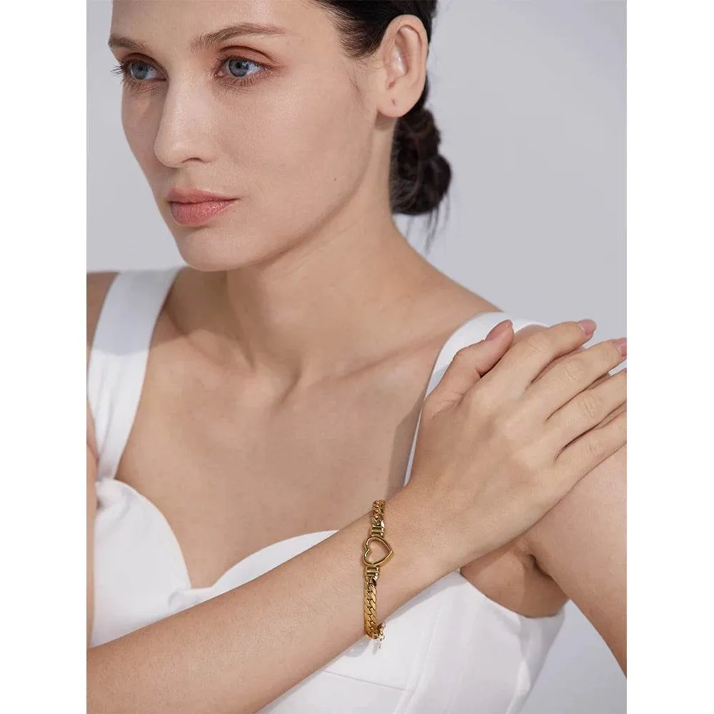 Yhpup (Wrist over 40mm fit this style) High Quality Love Heart Cuban Chain Stainless Steel Metal Bracelet Waterproof Jewelry