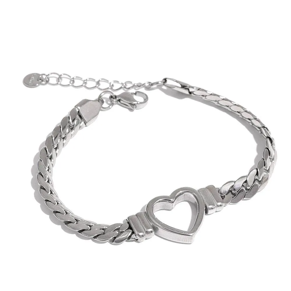 Yhpup (Wrist over 40mm fit this style) High Quality Love Heart Cuban Chain Stainless Steel Metal Bracelet Waterproof Jewelry